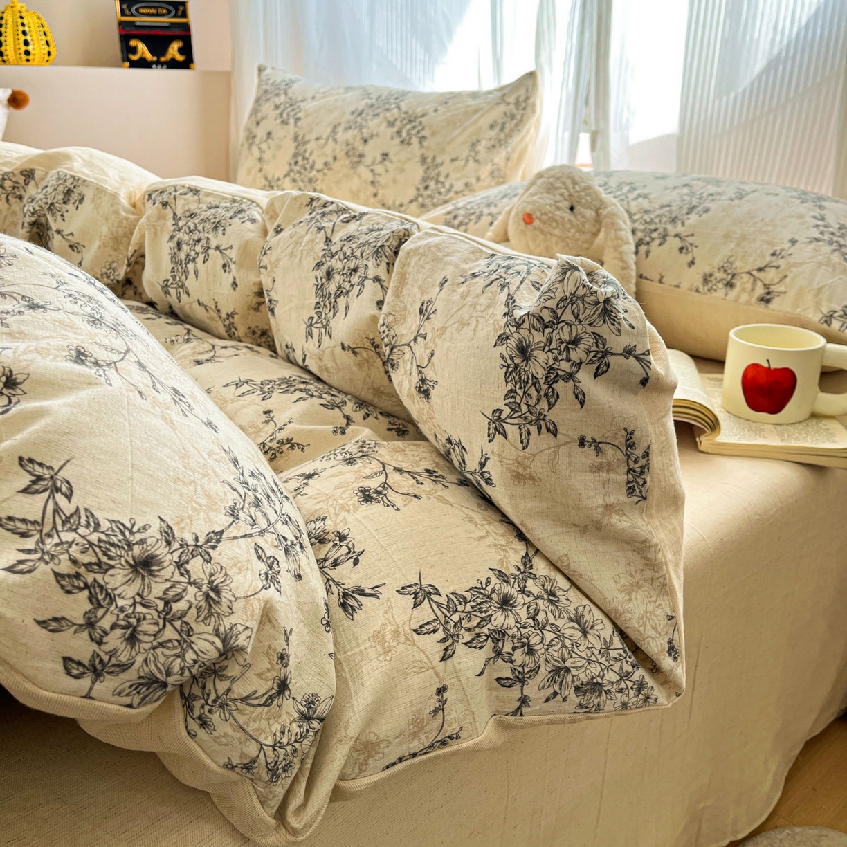 91家纺网 家纺一手货源 找家纺 寐居家纺 2026新款A类复古棉麻四件套 墨枝花蔓