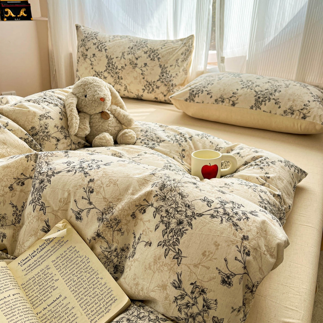 91家纺网 家纺一手货源 找家纺 寐居家纺 2026新款A类复古棉麻四件套 墨枝花蔓