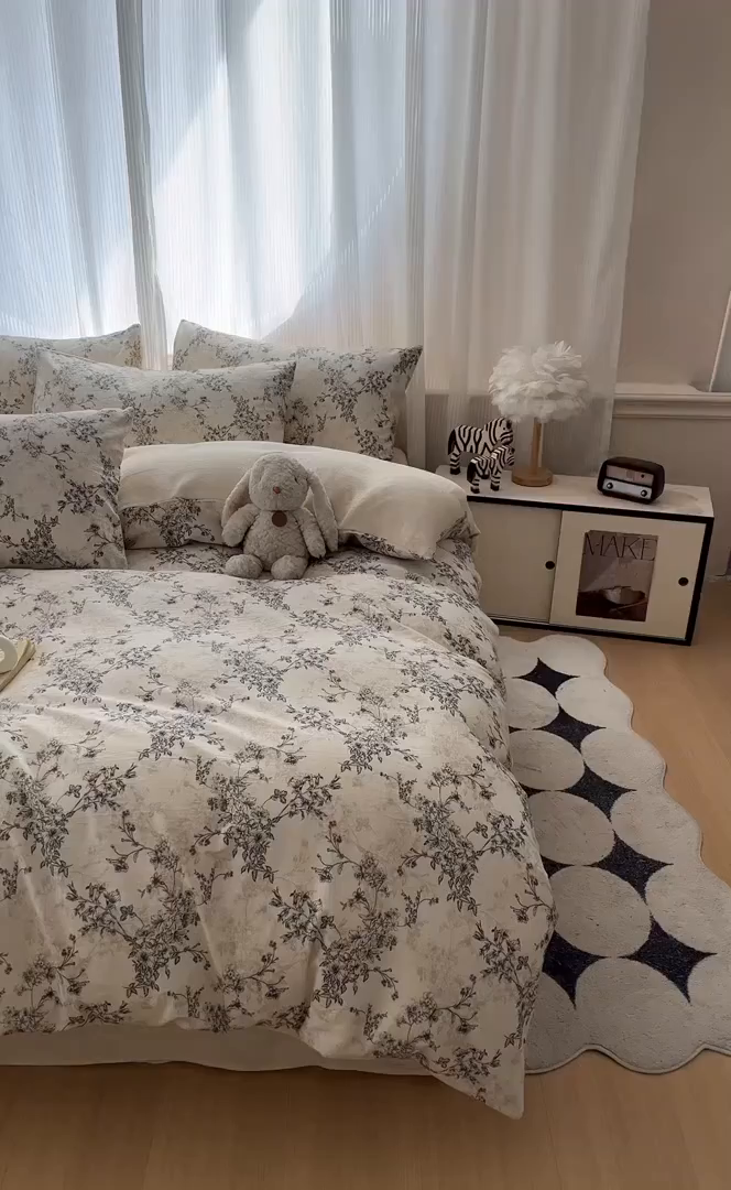 91家纺网 家纺一手货源 找家纺 寐居家纺 2026新款A类复古棉麻四件套 墨枝花蔓