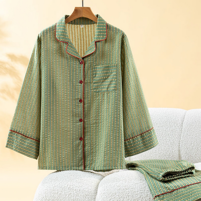 91家纺网 家纺一手货源 找家纺 （总）洛兰沙家居馆 2026年春季新款纯棉睡衣女条纹长袖圆领套头休闲家居服套装可外穿