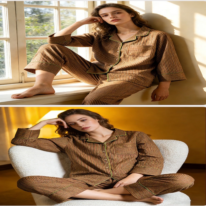 91家纺网 家纺一手货源 找家纺 （总）洛兰沙家居馆 2026年春季新款纯棉睡衣女条纹长袖圆领套头休闲家居服套装可外穿