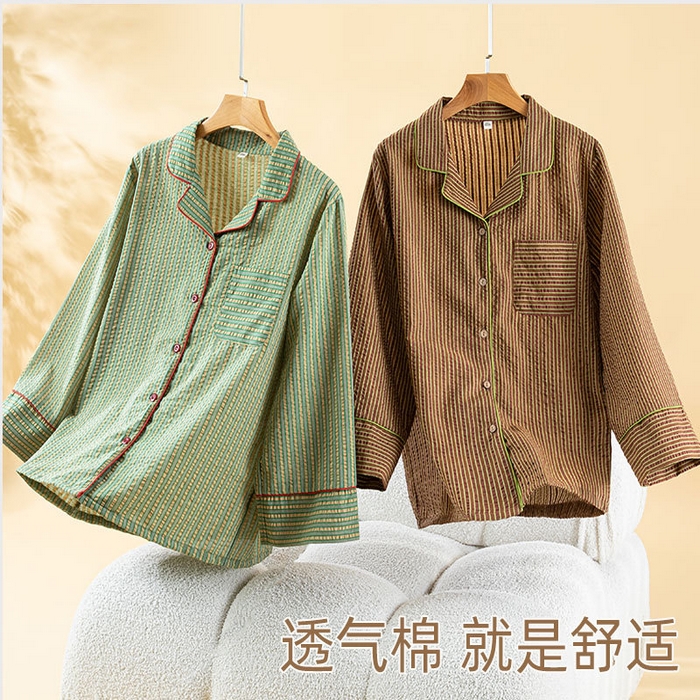 91家纺网 家纺一手货源 找家纺 （总）洛兰沙家居馆 2026年春季新款纯棉睡衣女条纹长袖圆领套头休闲家居服套装可外穿