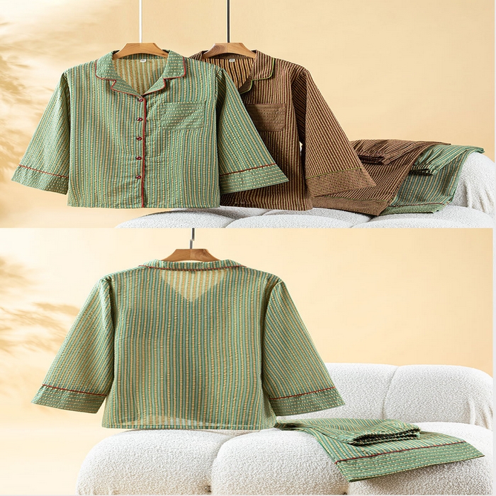 91家纺网 家纺一手货源 找家纺 （总）洛兰沙家居馆 2026年春季新款纯棉睡衣女条纹长袖圆领套头休闲家居服套装可外穿