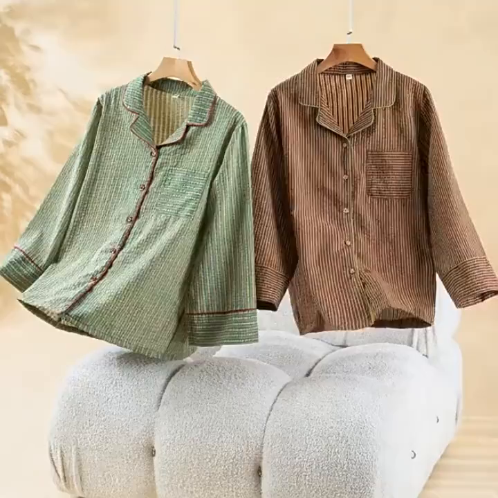 91家纺网 家纺一手货源 找家纺 （总）洛兰沙家居馆 2026年春季新款纯棉睡衣女条纹长袖圆领套头休闲家居服套装可外穿