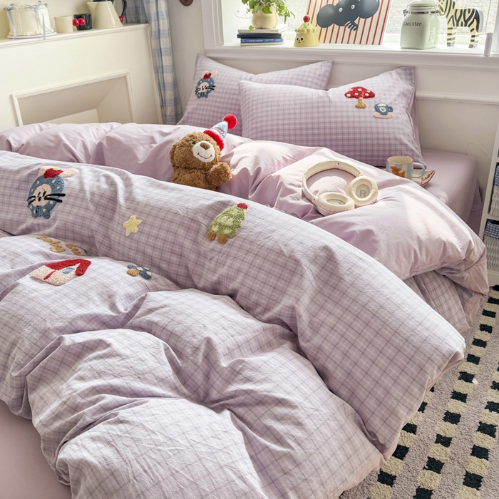 91家纺网 家纺一手货源 找家纺 寐居家纺 2026新款A类色织全棉水洗棉格子毛巾绣四件套系列 蘑菇小筑