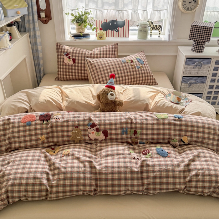 91家纺网 家纺一手货源 找家纺 寐居家纺 2026新款A类色织全棉水洗棉格子毛巾绣四件套系列 马上暴富