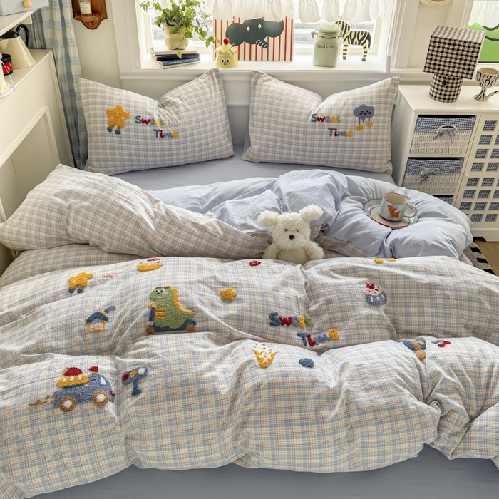 寐居家纺 2026新款A类色织全棉水洗棉格子毛巾绣四件套系列 浅格恐龙