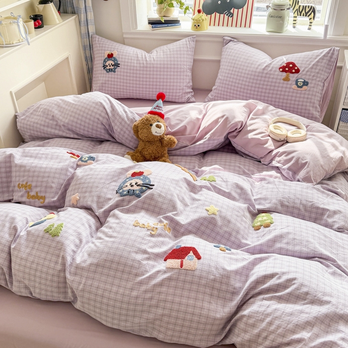 91家纺网 家纺一手货源 找家纺 寐居家纺 2026新款A类色织全棉水洗棉格子毛巾绣四件套系列 蘑菇小筑