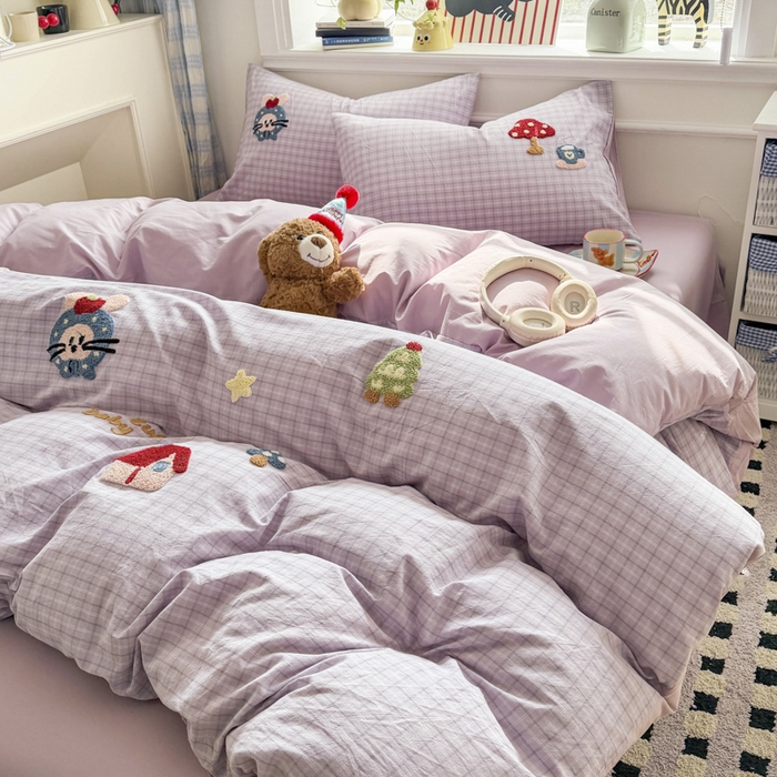 91家纺网 家纺一手货源 找家纺 寐居家纺 2026新款A类色织全棉水洗棉格子毛巾绣四件套系列 蘑菇小筑