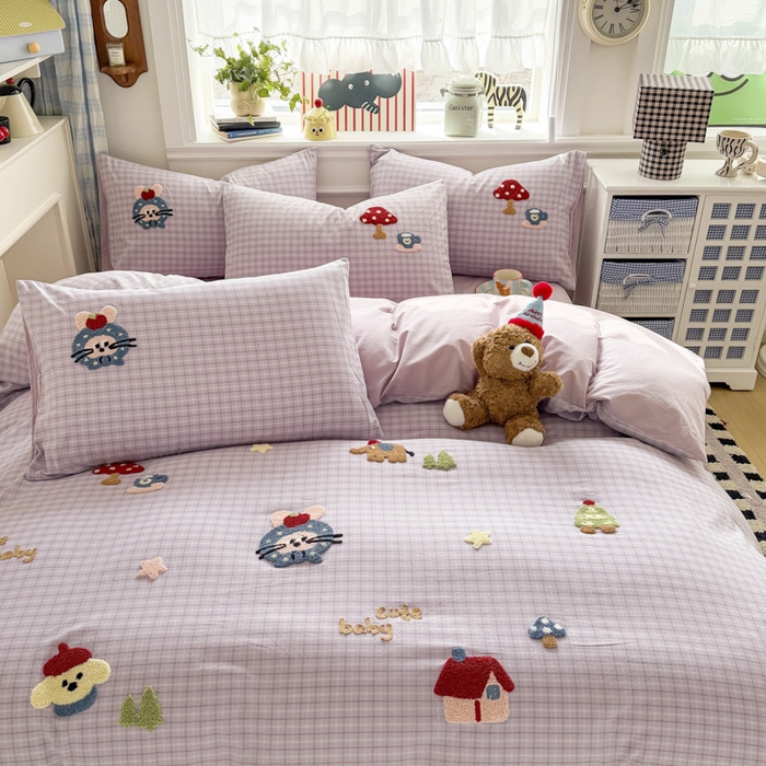 91家纺网 家纺一手货源 找家纺 寐居家纺 2026新款A类色织全棉水洗棉格子毛巾绣四件套系列 蘑菇小筑