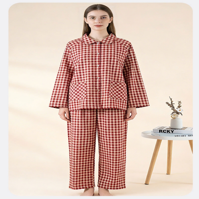 91家纺网 家纺一手货源 找家纺 （总）洛兰沙家居馆 春季新款2026纯棉睡衣女格子韩版宽松家居服长袖长裤休闲外穿套装