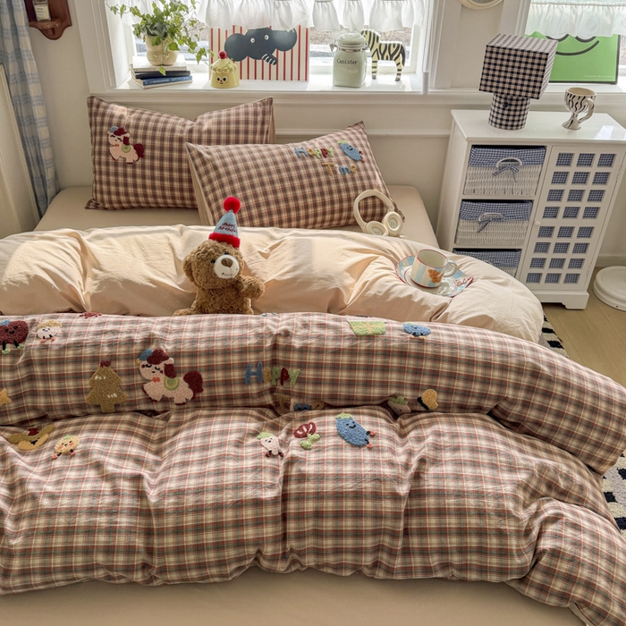 91家纺网 家纺一手货源 找家纺 寐居家纺 2026新款A类色织全棉水洗棉格子毛巾绣四件套系列 马上暴富