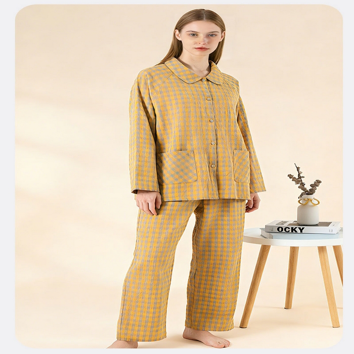 91家纺网 家纺一手货源 找家纺 （总）洛兰沙家居馆 春季新款2026纯棉睡衣女格子韩版宽松家居服长袖长裤休闲外穿套装