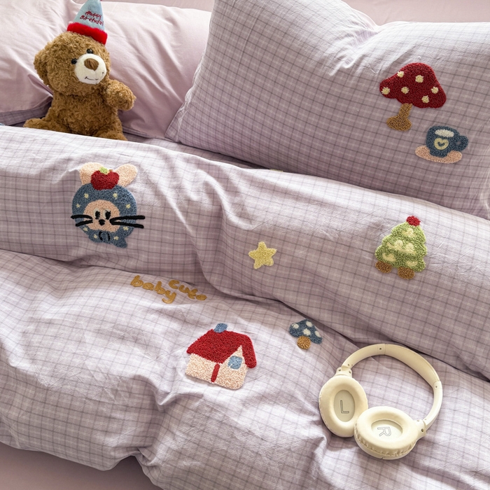 91家纺网 家纺一手货源 找家纺 寐居家纺 2026新款A类色织全棉水洗棉格子毛巾绣四件套系列 蘑菇小筑