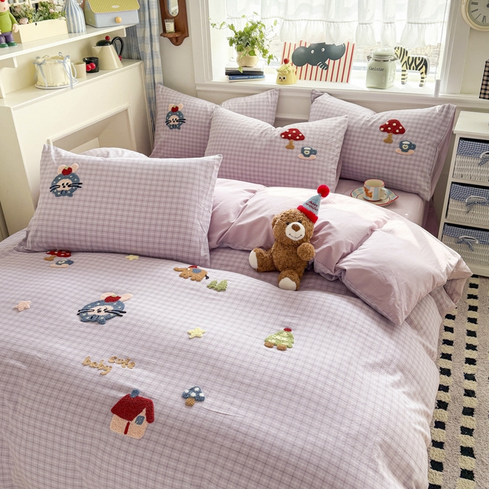 91家纺网 家纺一手货源 找家纺 寐居家纺 2026新款A类色织全棉水洗棉格子毛巾绣四件套系列 蘑菇小筑