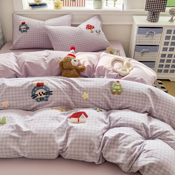 91家纺网 家纺一手货源 找家纺 寐居家纺 2026新款A类色织全棉水洗棉格子毛巾绣四件套系列 蘑菇小筑