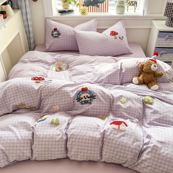 寐居家纺 2026新款A类色织全棉水洗棉格子毛巾绣四件套系列 蘑菇小筑