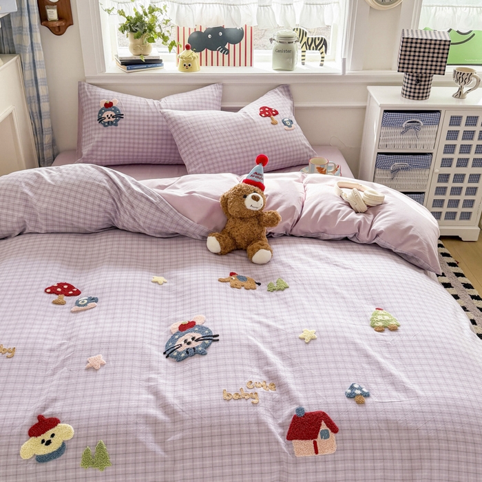 91家纺网 家纺一手货源 找家纺 寐居家纺 2026新款A类色织全棉水洗棉格子毛巾绣四件套系列 蘑菇小筑