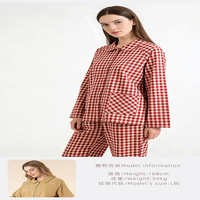 91家纺网 家纺一手货源 找家纺 （总）洛兰沙家居馆 春季新款2026纯棉睡衣女格子韩版宽松家居服长袖长裤休闲外穿套装