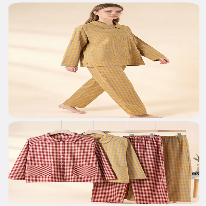 91家纺网 家纺一手货源 找家纺 （总）洛兰沙家居馆 春季新款2026纯棉睡衣女格子韩版宽松家居服长袖长裤休闲外穿套装