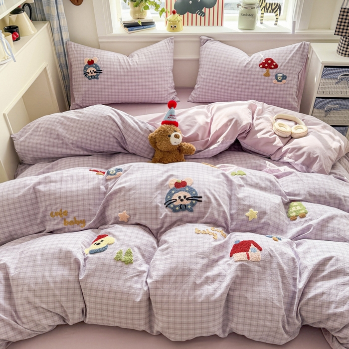 91家纺网 家纺一手货源 找家纺 寐居家纺 2026新款A类色织全棉水洗棉格子毛巾绣四件套系列 蘑菇小筑