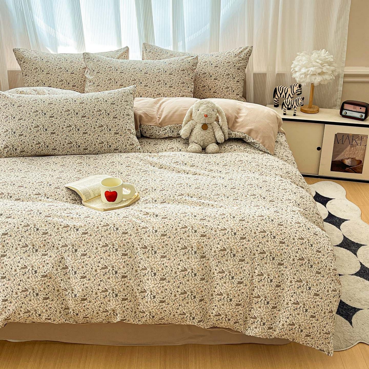 91家纺网 家纺一手货源 找家纺 寐居家纺 2026新款A类复古棉麻四件套 浅花兔影