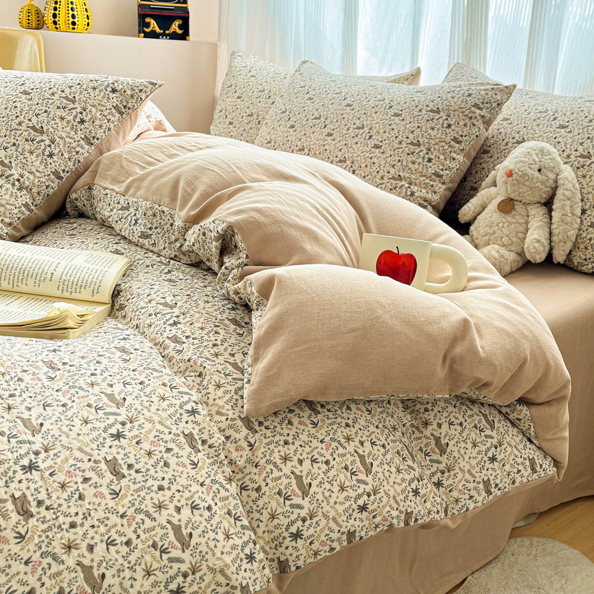 91家纺网 家纺一手货源 找家纺 寐居家纺 2026新款A类复古棉麻四件套 浅花兔影