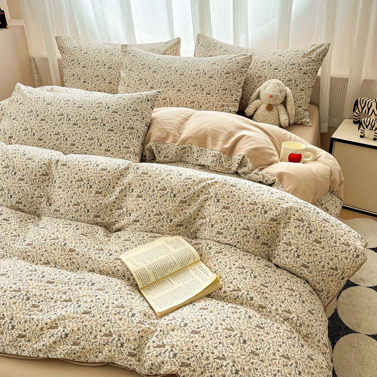 91家纺网 家纺一手货源 找家纺 寐居家纺 2026新款A类复古棉麻四件套 浅花兔影