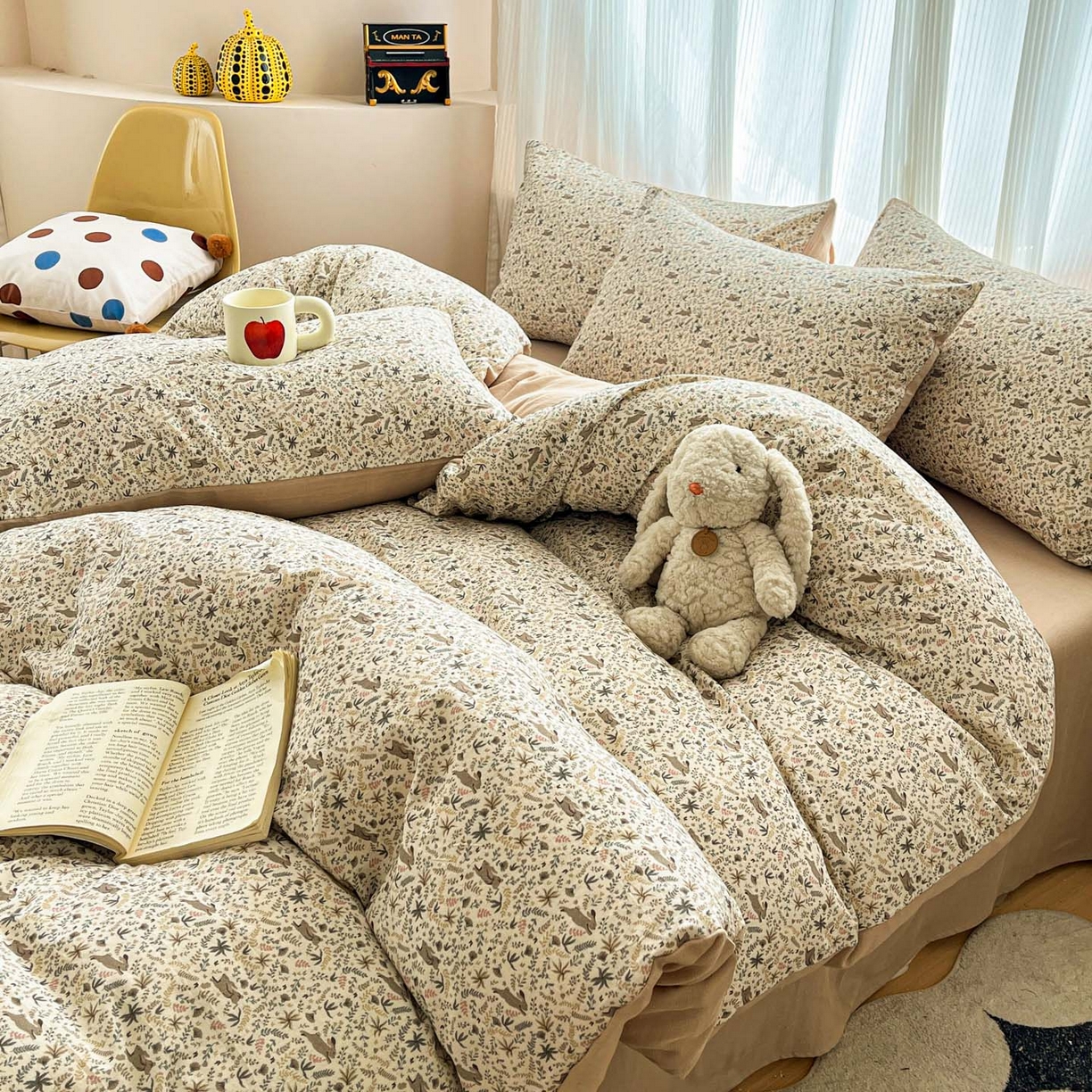 91家纺网 家纺一手货源 找家纺 寐居家纺 2026新款A类复古棉麻四件套 浅花兔影