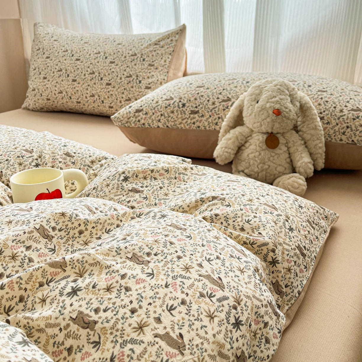 91家纺网 家纺一手货源 找家纺 寐居家纺 2026新款A类复古棉麻四件套 浅花兔影