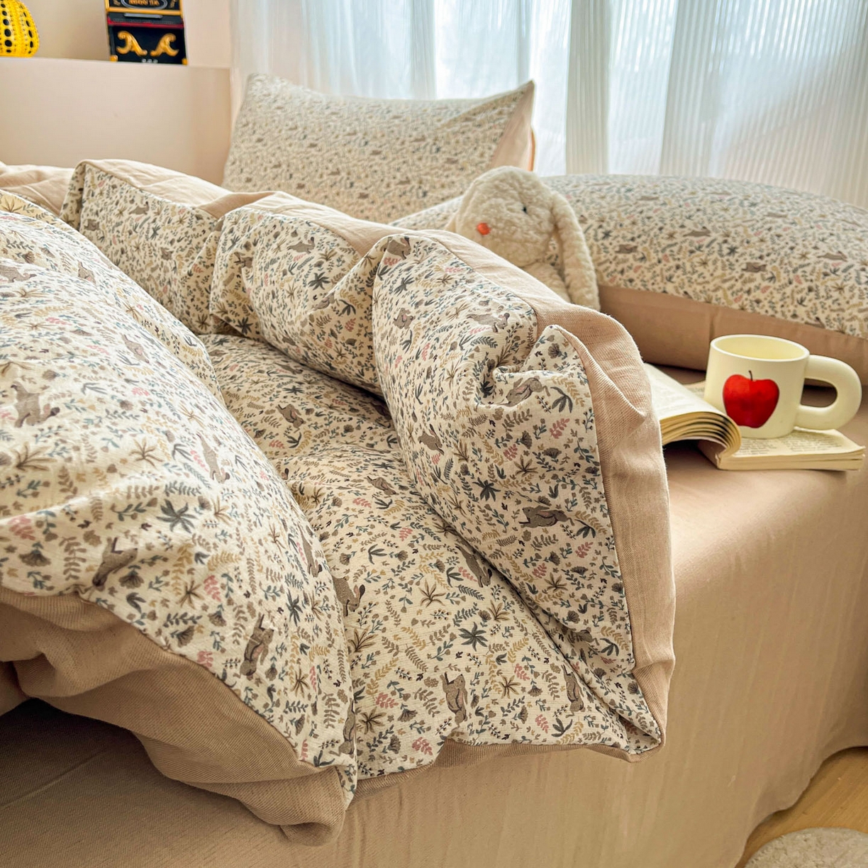 91家纺网 家纺一手货源 找家纺 寐居家纺 2026新款A类复古棉麻四件套 浅花兔影