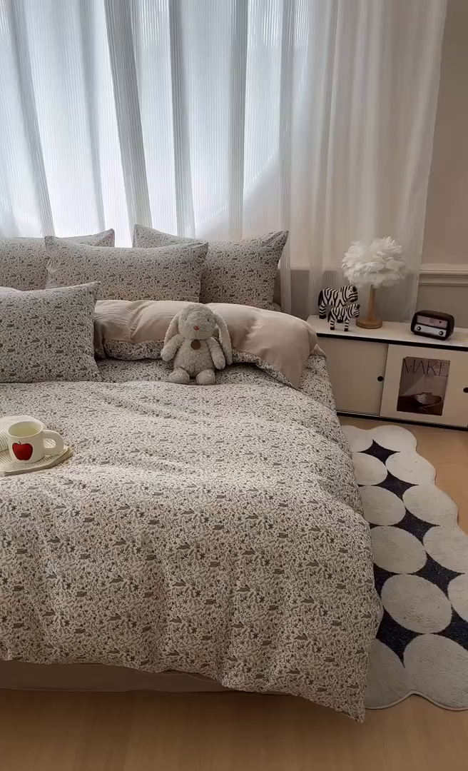 91家纺网 家纺一手货源 找家纺 寐居家纺 2026新款A类复古棉麻四件套 浅花兔影