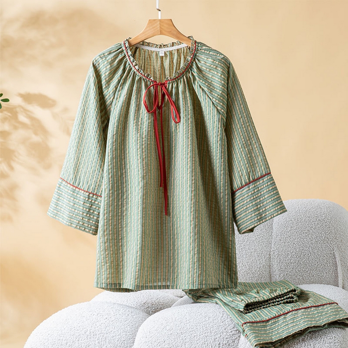 91家纺网 家纺一手货源 找家纺 （总）洛兰沙家居馆 2026年春季新款纯棉睡衣女条纹长袖圆领套头休闲家居服套装可外穿