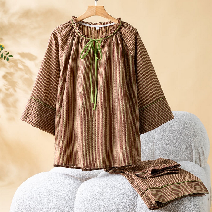 91家纺网 家纺一手货源 找家纺 （总）洛兰沙家居馆 2026年春季新款纯棉睡衣女条纹长袖圆领套头休闲家居服套装可外穿