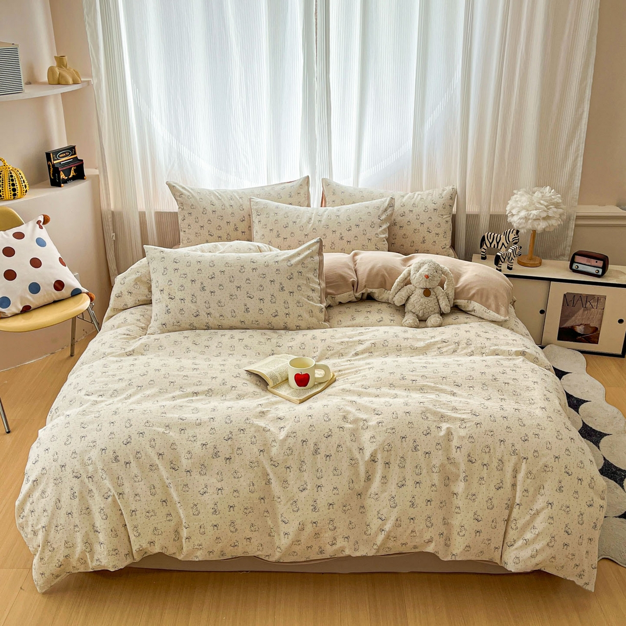 91家纺网 家纺一手货源 找家纺 寐居家纺 2026新款A类复古棉麻四件套 浅梦蝶兔