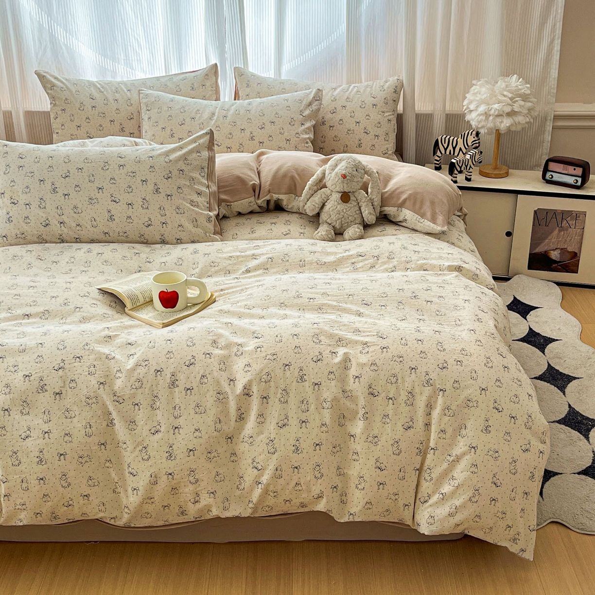 91家纺网 家纺一手货源 找家纺 寐居家纺 2026新款A类复古棉麻四件套 浅梦蝶兔