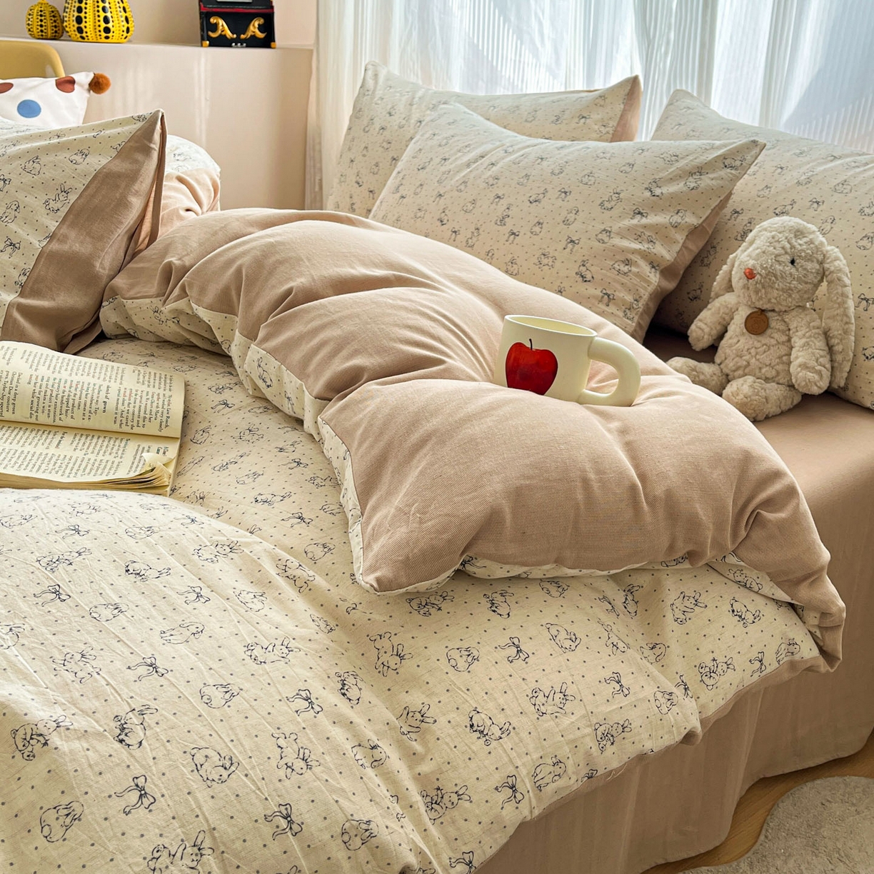 91家纺网 家纺一手货源 找家纺 寐居家纺 2026新款A类复古棉麻四件套 浅梦蝶兔