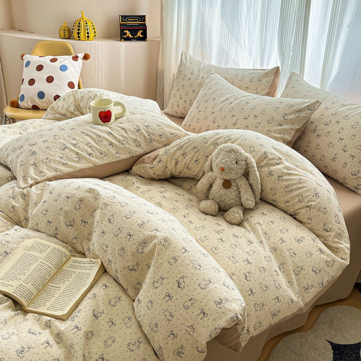 91家纺网 家纺一手货源 找家纺 寐居家纺 2026新款A类复古棉麻四件套 浅梦蝶兔