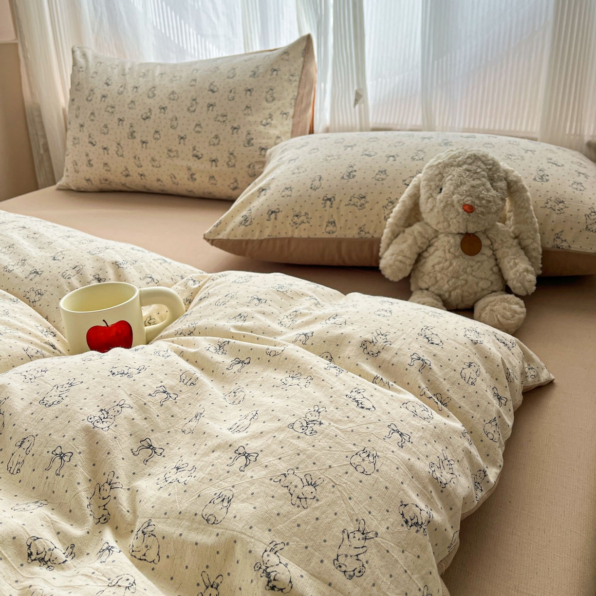 91家纺网 家纺一手货源 找家纺 寐居家纺 2026新款A类复古棉麻四件套 浅梦蝶兔