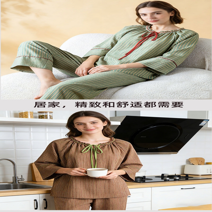 91家纺网 家纺一手货源 找家纺 （总）洛兰沙家居馆 2026年春季新款纯棉睡衣女条纹长袖圆领套头休闲家居服套装可外穿