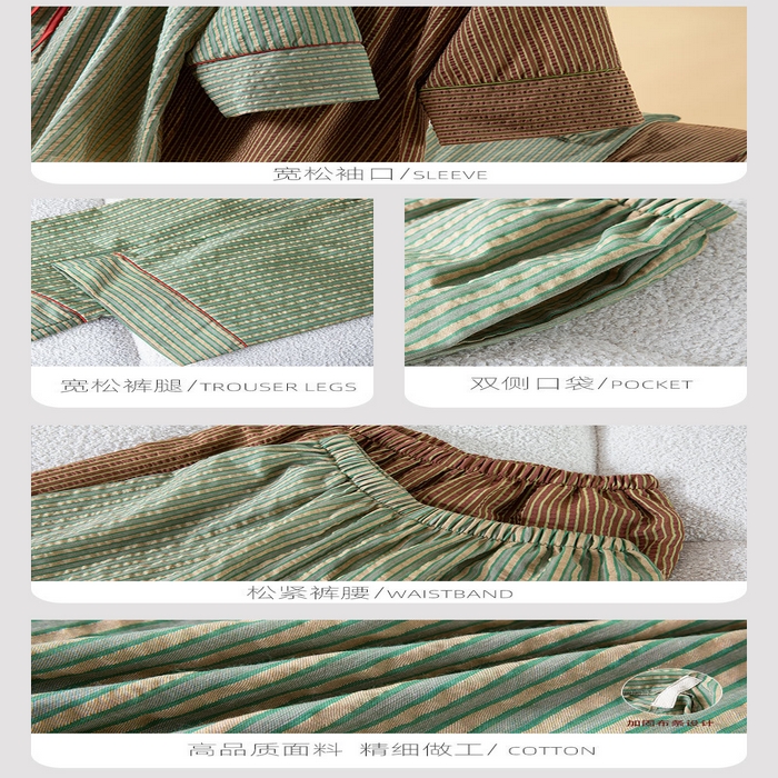 91家纺网 家纺一手货源 找家纺 （总）洛兰沙家居馆 2026年春季新款纯棉睡衣女条纹长袖圆领套头休闲家居服套装可外穿