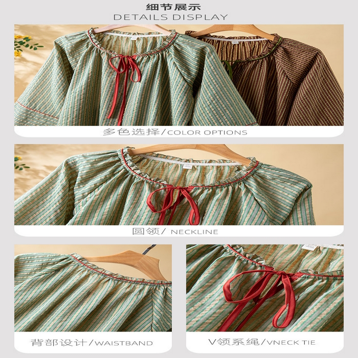 91家纺网 家纺一手货源 找家纺 （总）洛兰沙家居馆 2026年春季新款纯棉睡衣女条纹长袖圆领套头休闲家居服套装可外穿