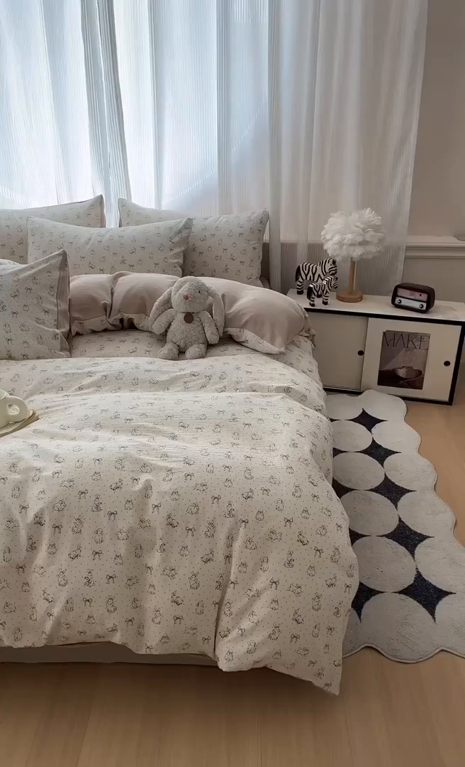 91家纺网 家纺一手货源 找家纺 寐居家纺 2026新款A类复古棉麻四件套 浅梦蝶兔