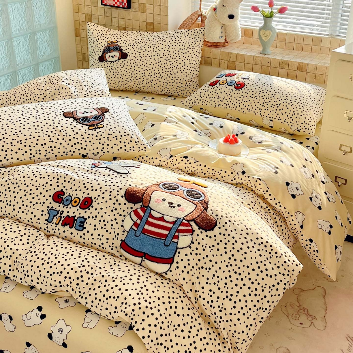 寐居家纺 2026新款全棉毛巾绣四件套 波点飞侠