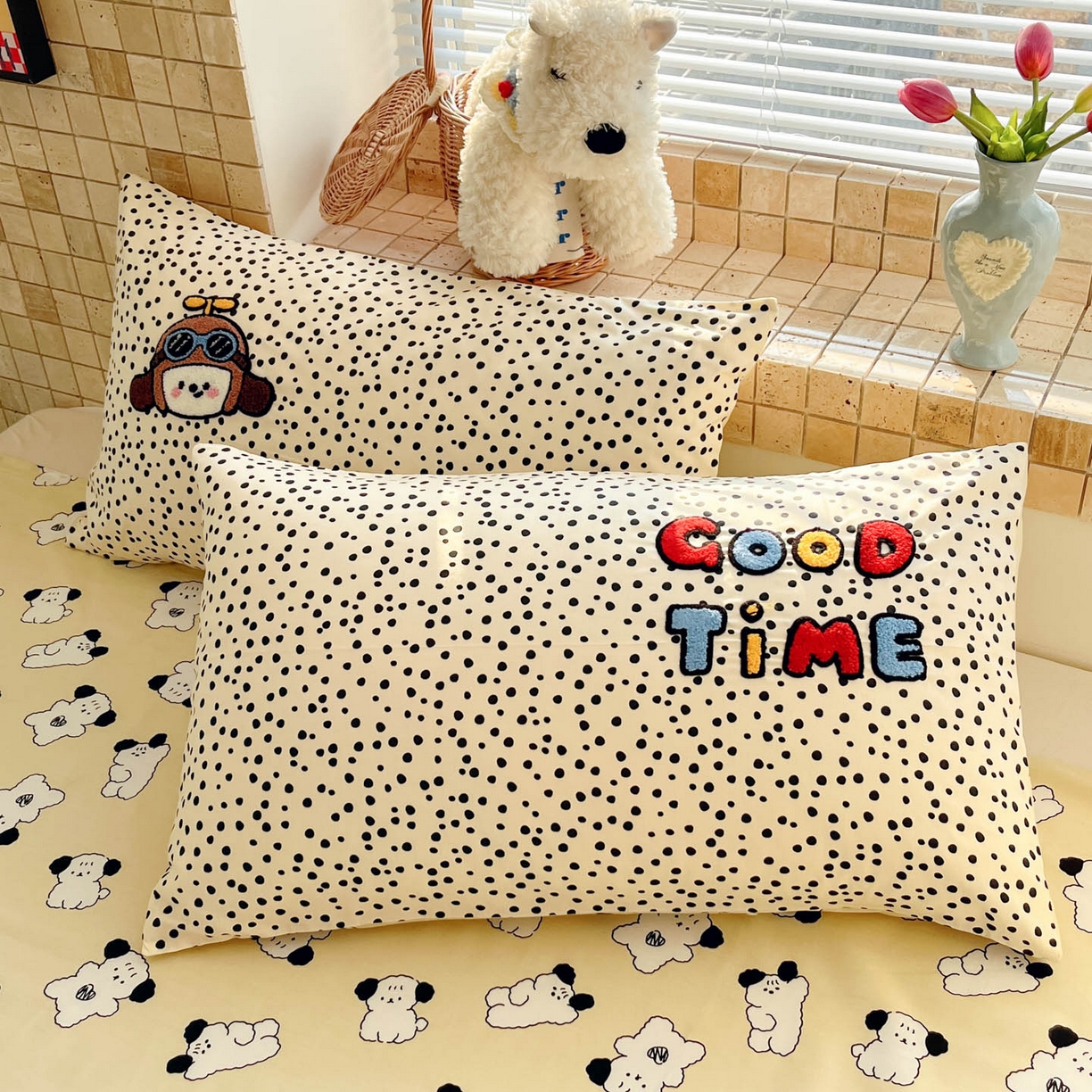 91家纺网 家纺一手货源 找家纺 寐居家纺 2026新款全棉毛巾绣四件套 波点飞侠