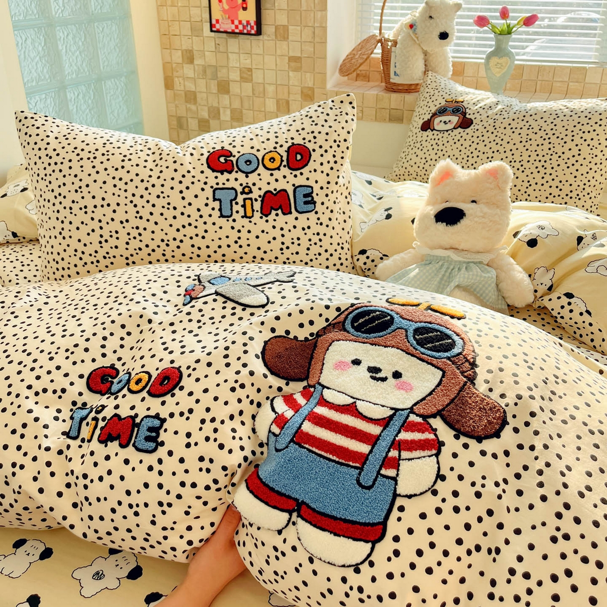 91家纺网 家纺一手货源 找家纺 寐居家纺 2026新款全棉毛巾绣四件套 波点飞侠