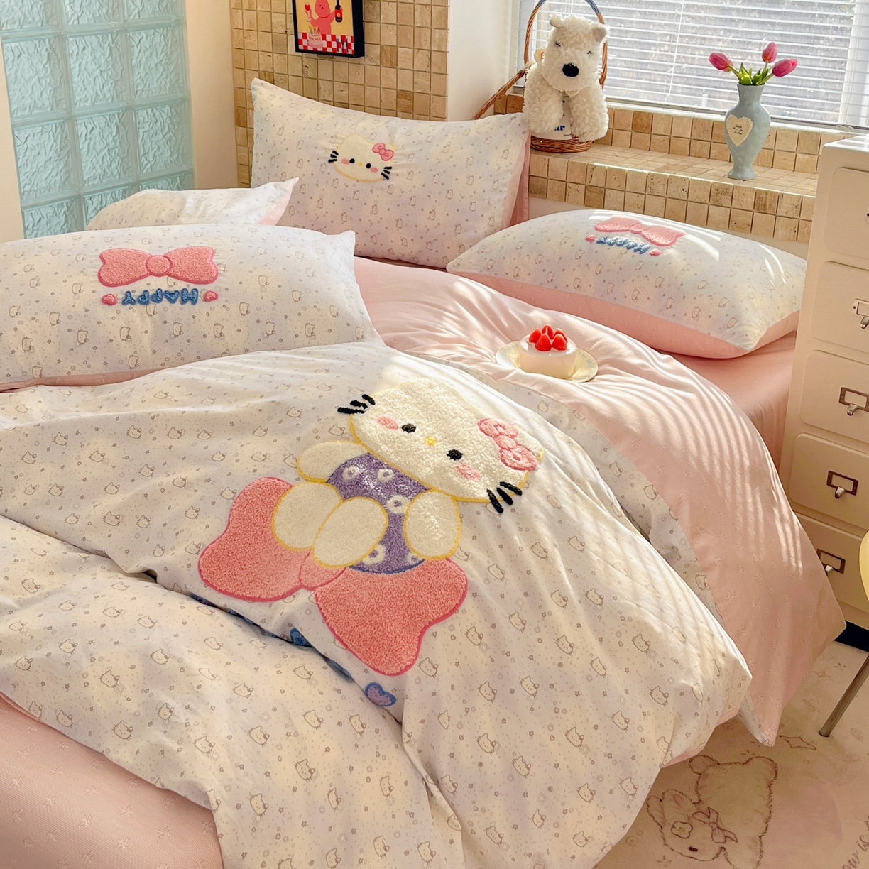 寐居家纺 2026新款全棉毛巾绣四件套 粉雾kitty