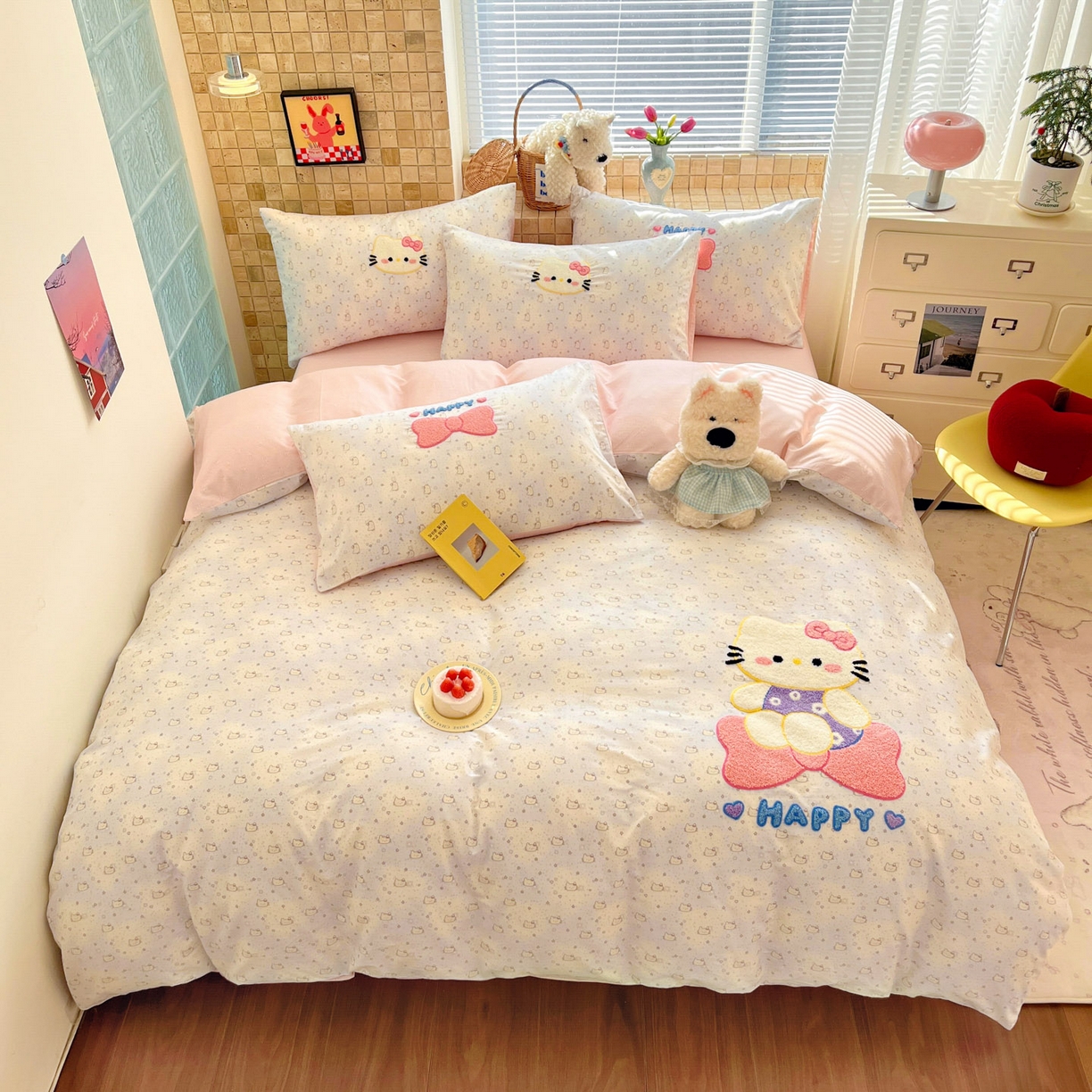 91家纺网 家纺一手货源 找家纺 寐居家纺 2026新款全棉毛巾绣四件套 粉雾kitty