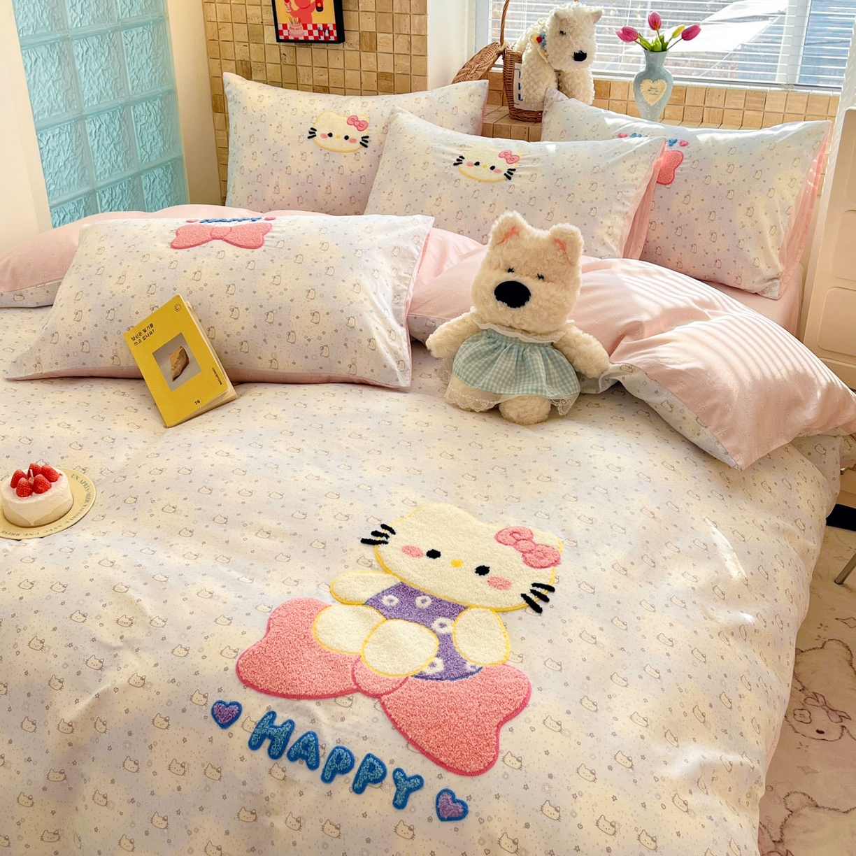 91家纺网 家纺一手货源 找家纺 寐居家纺 2026新款全棉毛巾绣四件套 粉雾kitty
