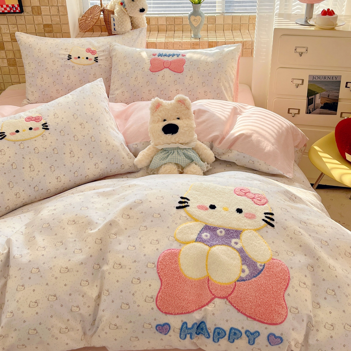 91家纺网 家纺一手货源 找家纺 寐居家纺 2026新款全棉毛巾绣四件套 粉雾kitty